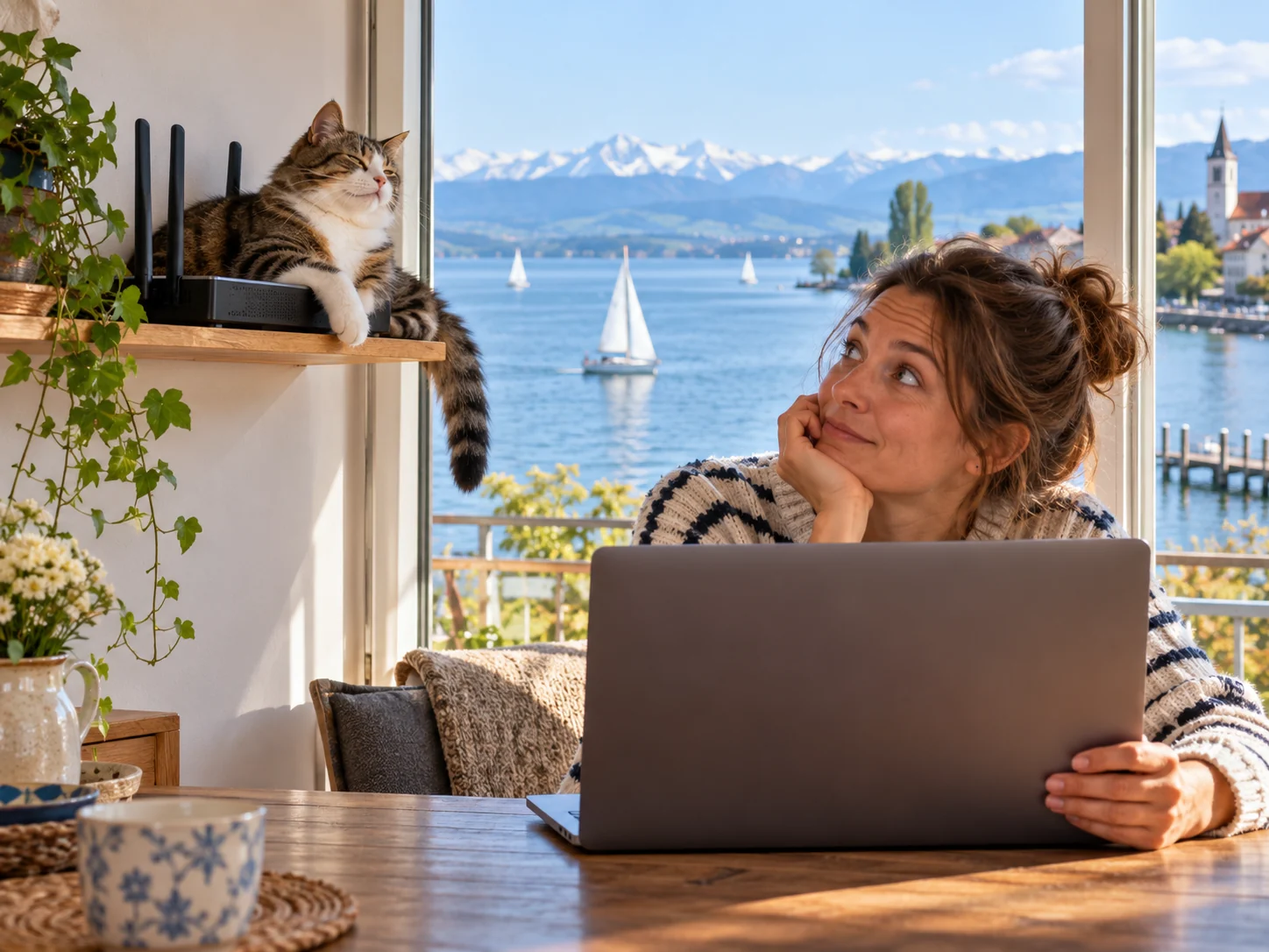 KI-generiertes Symbolbild: Der See ist schnell erreicht. Das WLAN noch nicht. Bodensee-Szene zu DSL und Internet.