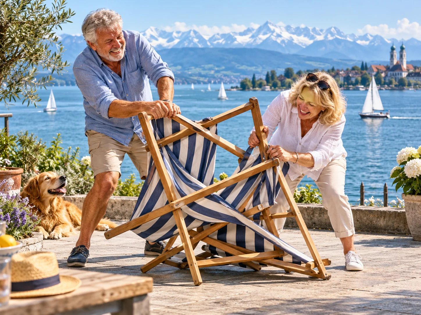 KI-generiertes Symbolbild: Ruhestand geplant. Liegestuhl noch umkämpft. Bodensee-Szene zu Private Rentenversicherung.