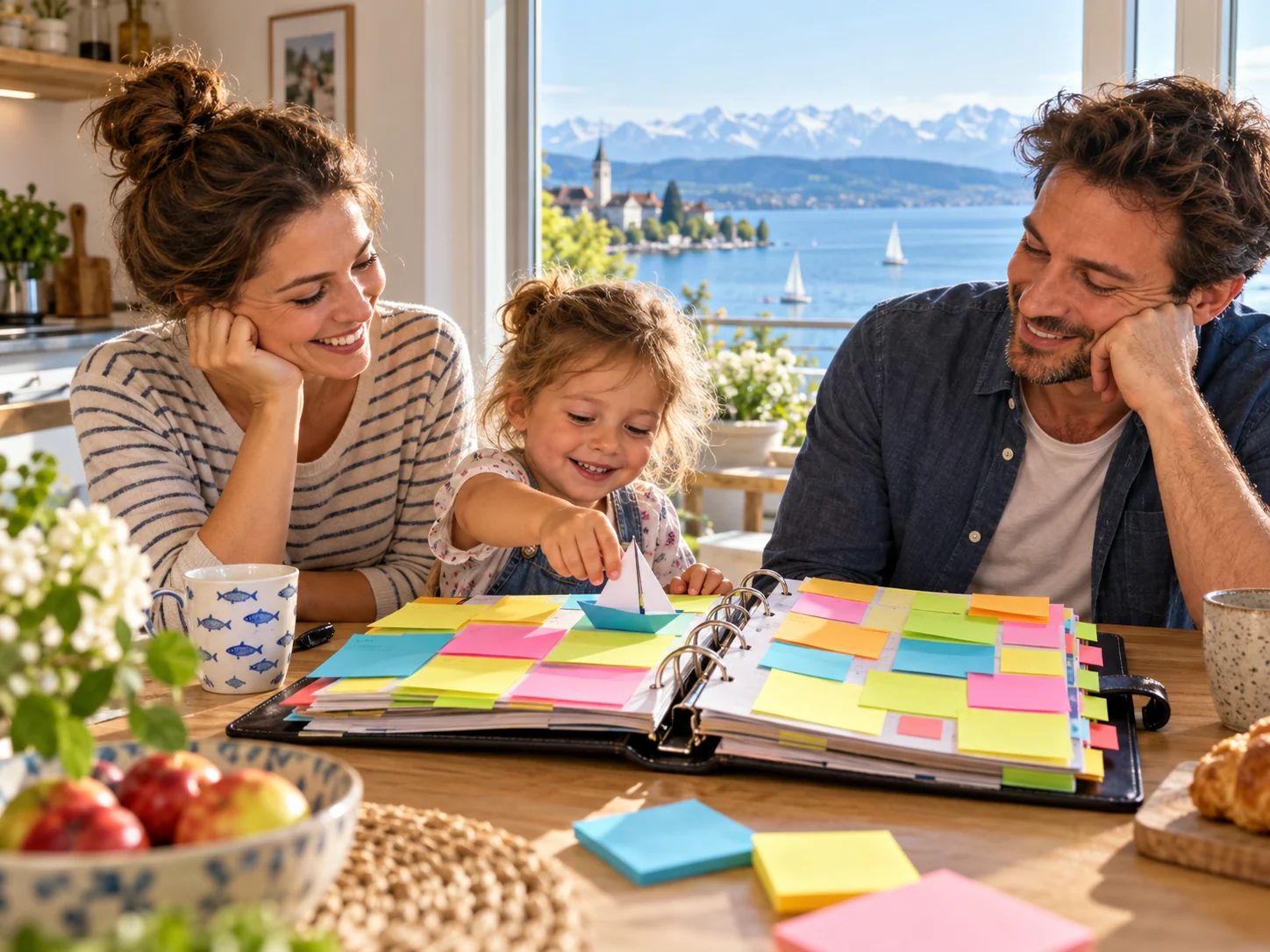 KI-generiertes Symbolbild: Familienplanung mit extra vielen Klebezetteln. Bodensee-Szene zu Riester-Rente.