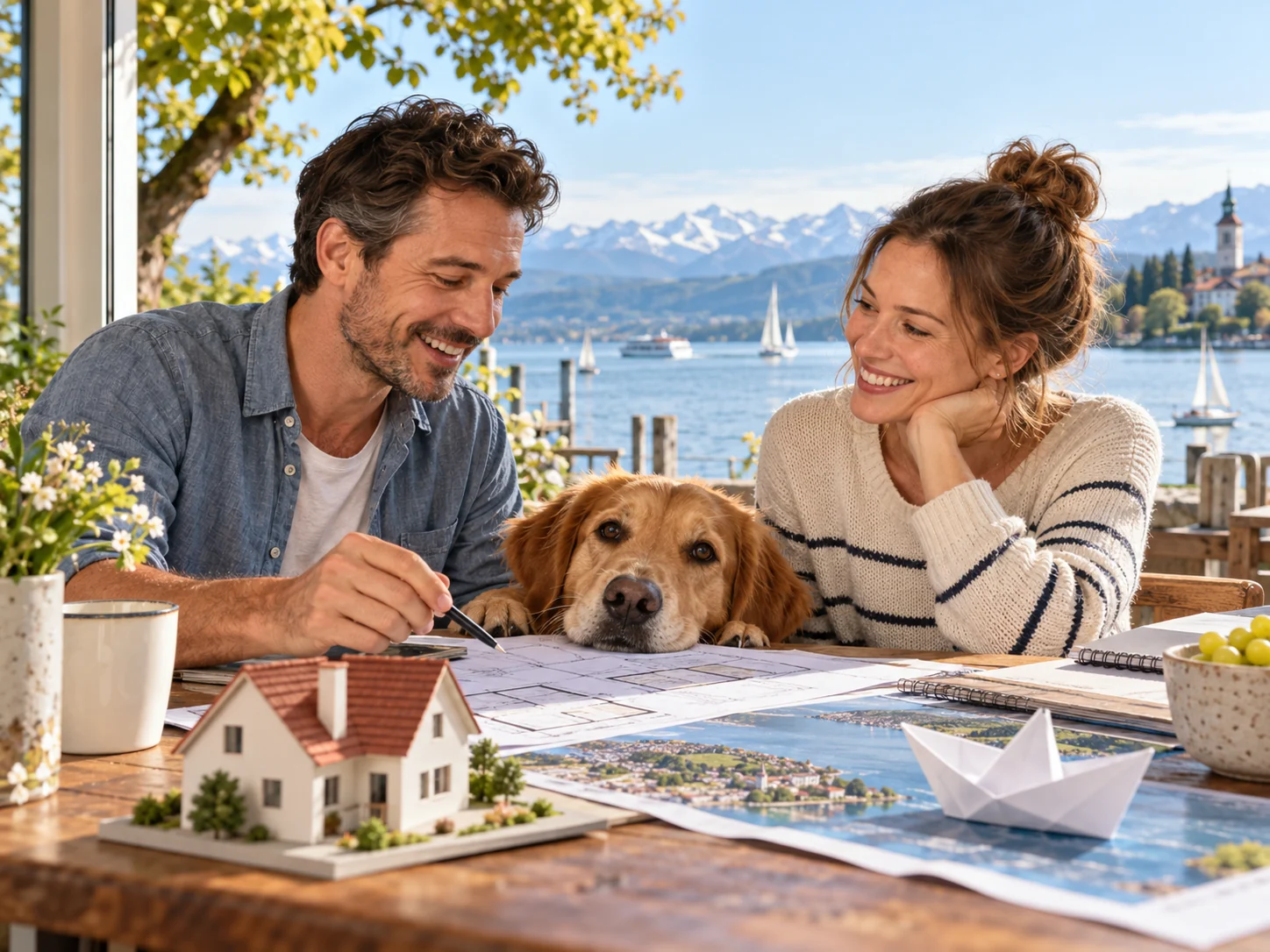 KI-generiertes Symbolbild: Zusammen am Steuer. Verpflichtungen gemeinsam planen. Bodensee-Szene zu Risikolebensversicherung.