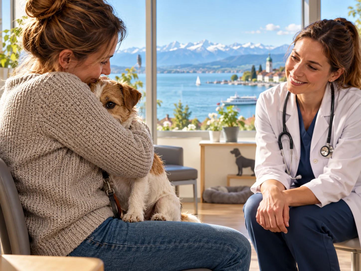 KI-generiertes Symbolbild: Der Hund hat den Tierarzt zuerst erkannt. Bodensee-Szene zu Hundekrankenversicherung.