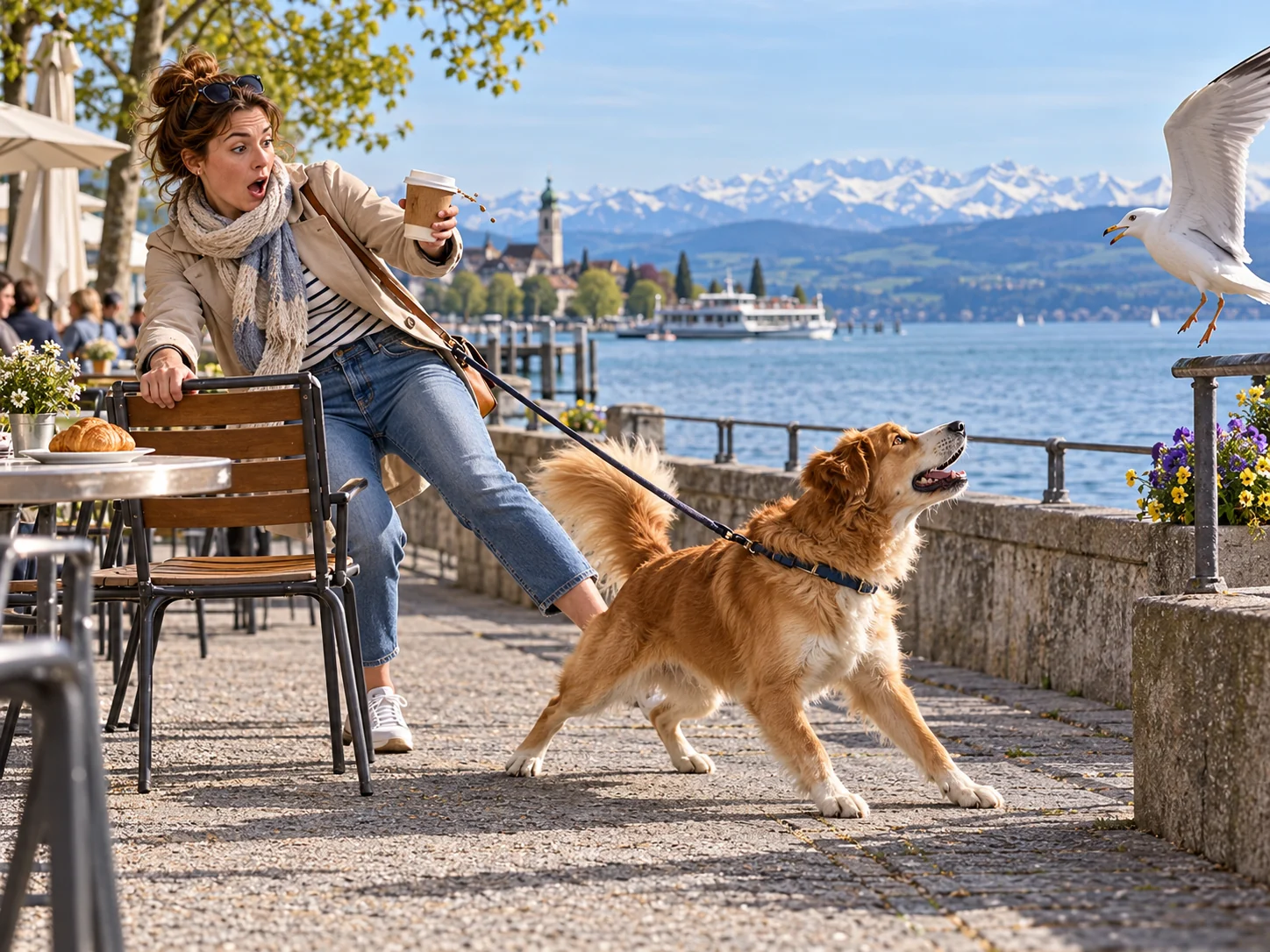 KI-generiertes Symbolbild: Leine kurz. Kaffeepause kürzer. Bodensee-Szene zu Hundehalterhaftpflicht.