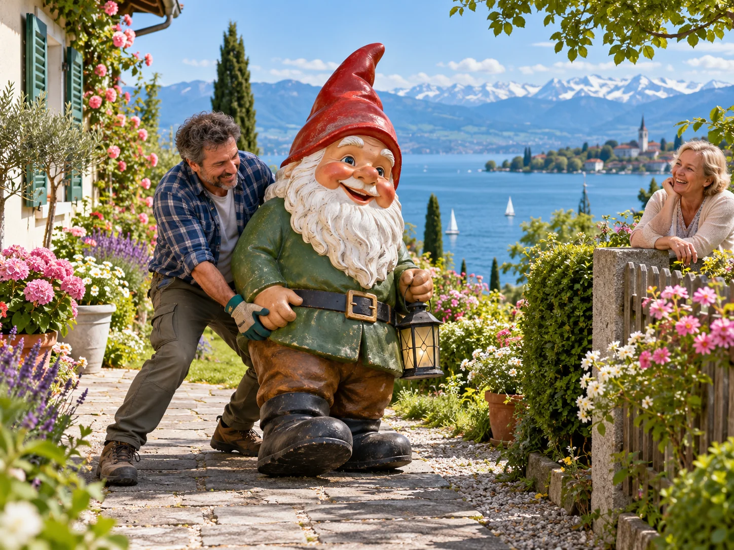 KI-generiertes Symbolbild: Der Gartenzwerg steht mitten im Weg. Bodensee-Szene zu Haus und Grundbesitzerhaftpflicht.