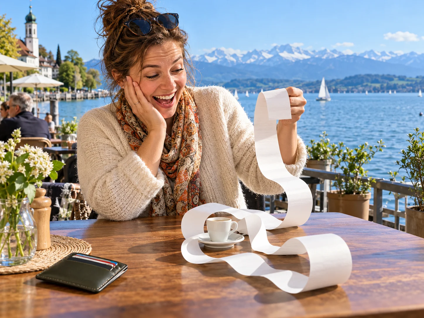 KI-generiertes Symbolbild: Der Kaffee ist klein. Der Beleg erstaunlich lang. Bodensee-Szene zu Girokonto.