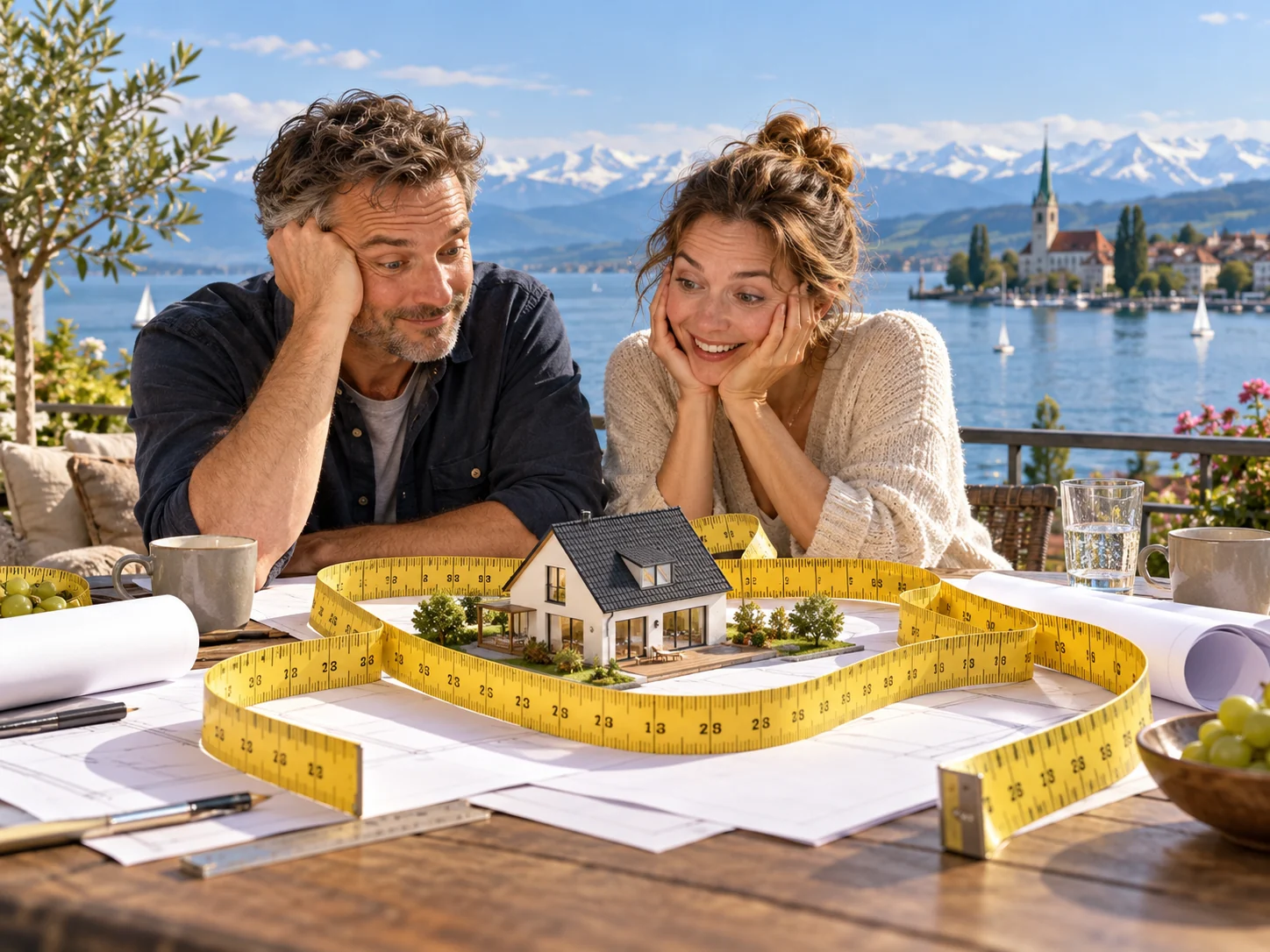 KI-generiertes Symbolbild: Das Traumhaus passt auf den Tisch. Die Planung braucht mehr Platz. Bodensee-Szene zu Baufinanzierung.