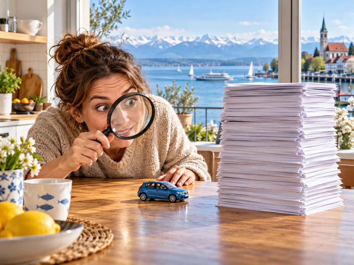 KI-generiertes Symbolbild: Kleine Rate, großer Papierstapel? Bodensee-Szene zu Kredit.
