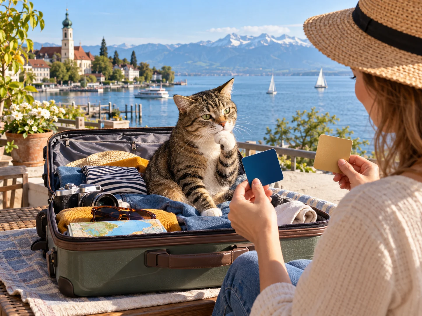 KI-generiertes Symbolbild: Der Koffer ist gepackt. Welche Karte fährt mit? Bodensee-Szene zu Kreditkarten.