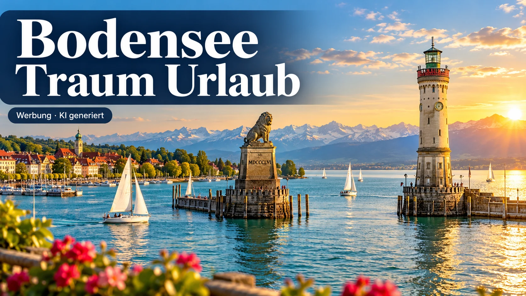 Werbung · KI generiert: Bodensee Traum Urlaub. KI-Symbolmotiv mit Lindauer Hafen, Segelbooten, Alpen und Abendsonne.