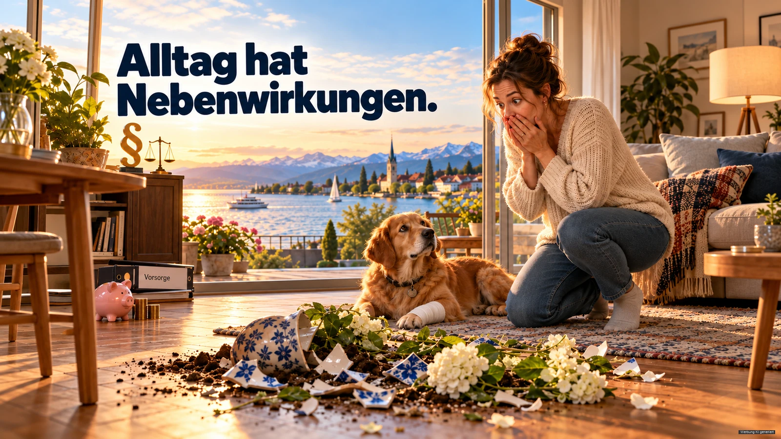 KI-Symbolbild: überraschte Frau und Hund neben einer zerbrochenen Vase in einer Wohnung mit Bodenseeblick.
