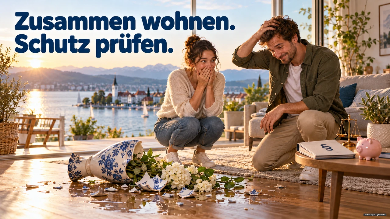 KI-Symbolbild: Paar betrachtet eine zerbrochene Vase im Wohnzimmer; dahinter liegt der Bodensee.