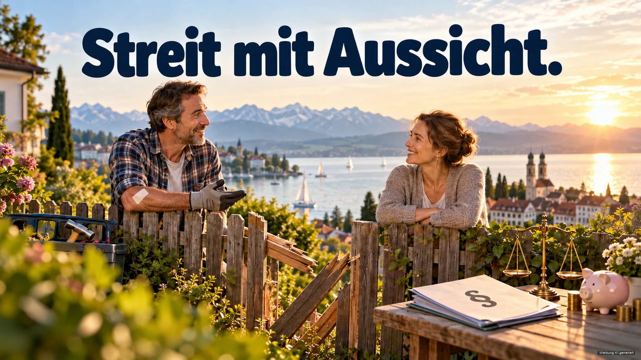 KI-Symbolbild: zwei Nachbarn besprechen einen beschädigten Gartenzaun vor einer Bodenseekulisse.