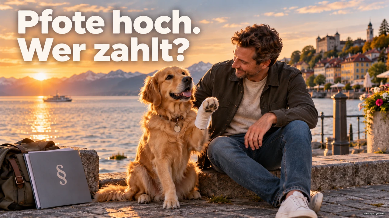 KI-Symbolbild: Hund hebt seine verbundene Vorderpfote neben seinem Besitzer an einer Bodenseepromenade.