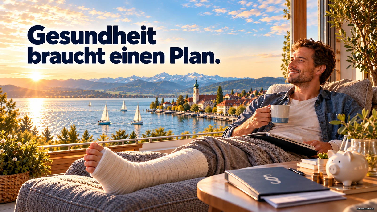 KI-Symbolbild: Mann mit verbundenem Bein ruht in einem Sessel mit Blick auf den Bodensee.