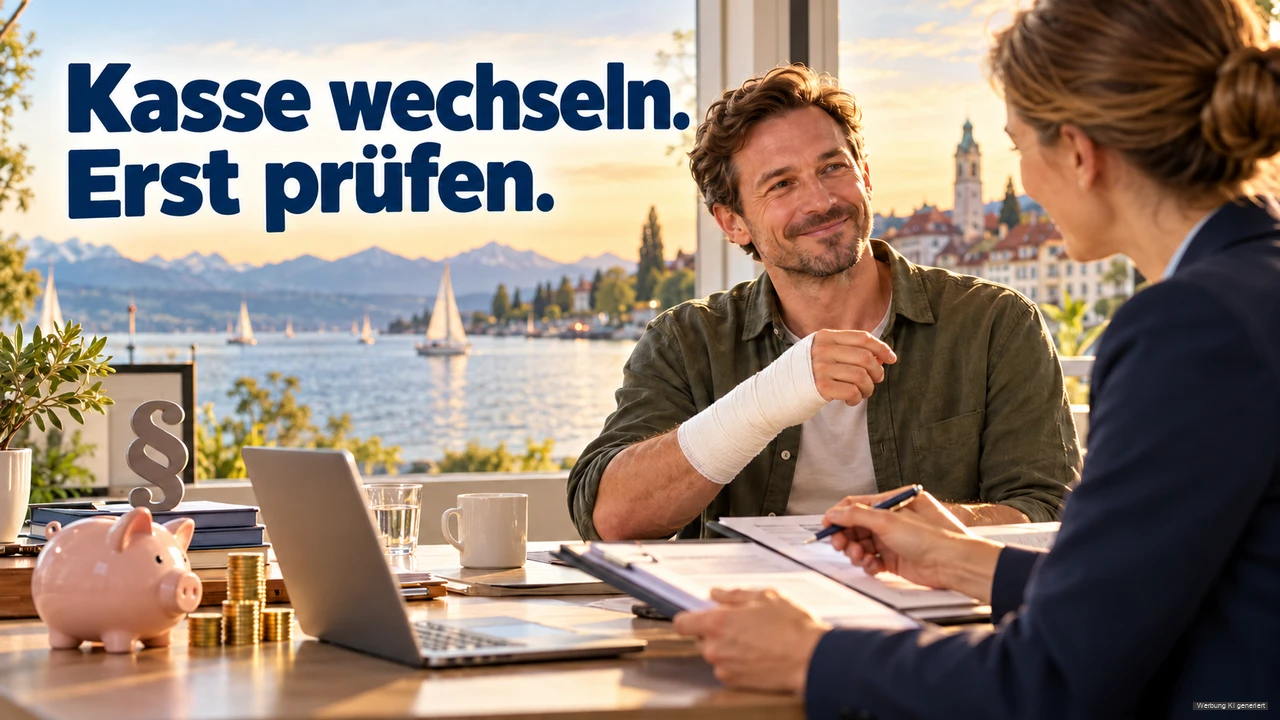 KI-Symbolbild: Mann mit bandagiertem Handgelenk bespricht Unterlagen vor einem Fenster mit Bodenseeblick.