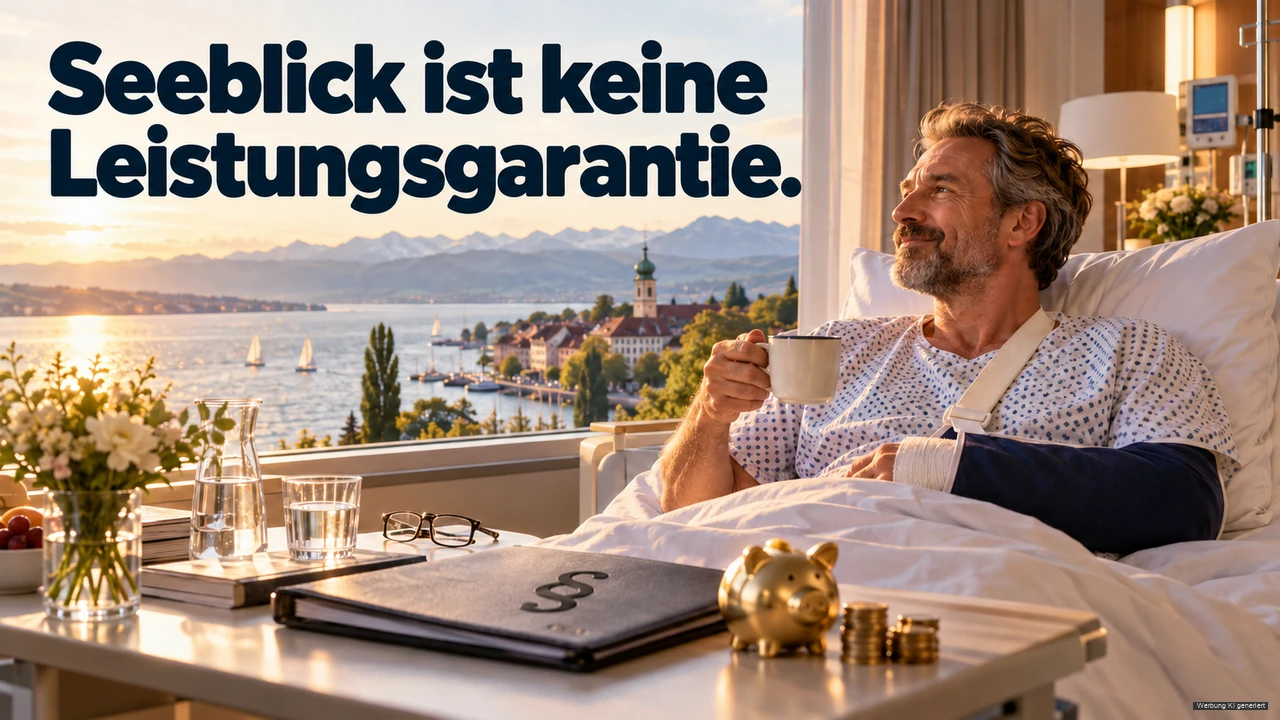 KI-Symbolbild: Patient mit Armschlinge trinkt im komfortablen Krankenhauszimmer Kaffee; das Fenster zeigt eine symbolische Bodenseekulisse.