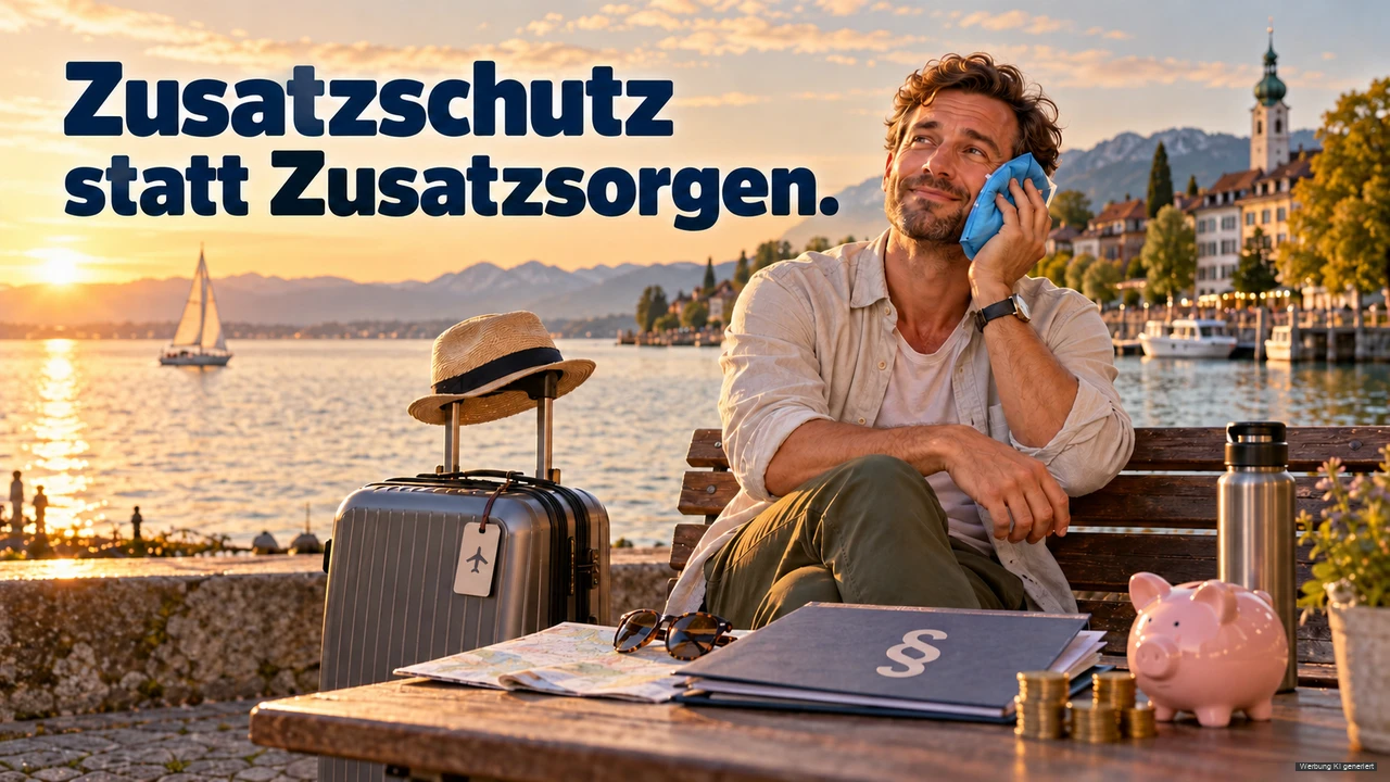 KI-Symbolbild: Reisender mit Kühlbeutel an der Wange sitzt neben seinem Koffer an einer Bodenseepromenade.