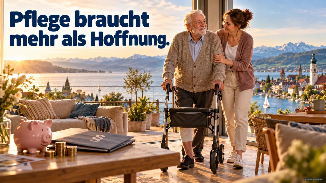 KI-Symbolbild: ältere Person mit Rollator wird auf einer Terrasse mit Bodenseeblick unterstützt.