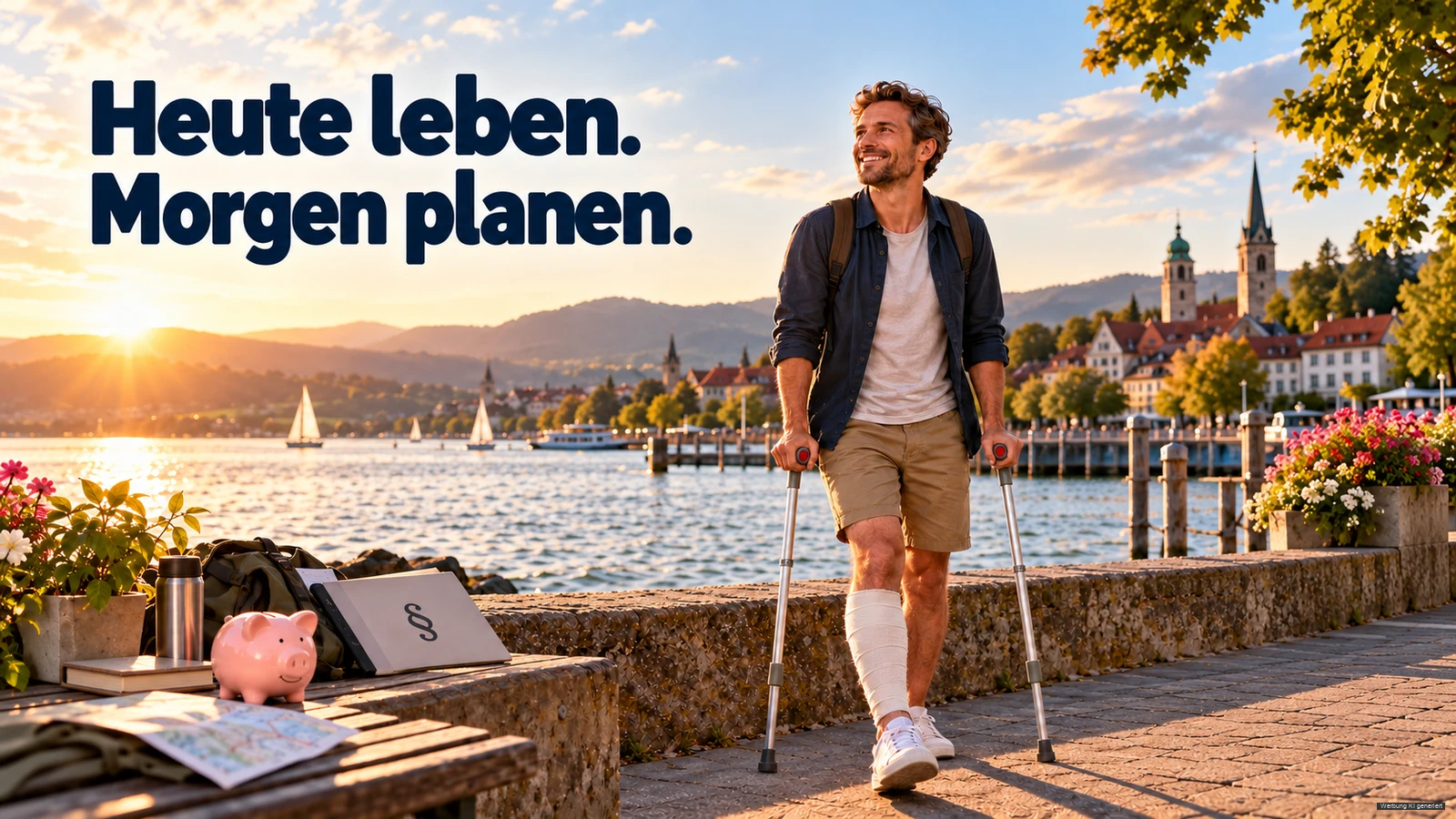 KI-Symbolbild: lächelnder Mann mit bandagiertem Bein und Krücken an einer Bodenseepromenade.