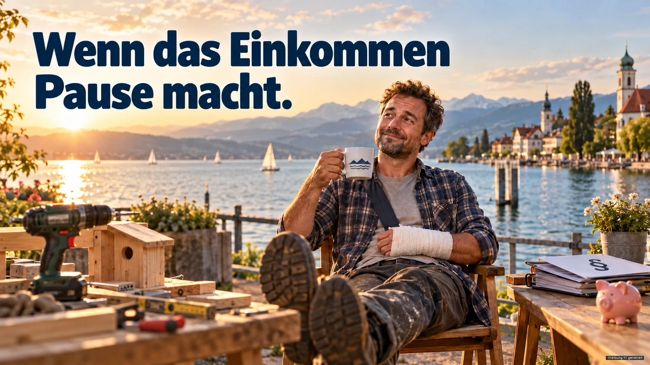 KI-Symbolbild: Handwerker mit verbundenem Handgelenk pausiert neben Werkzeug und Unterlagen am Bodensee.