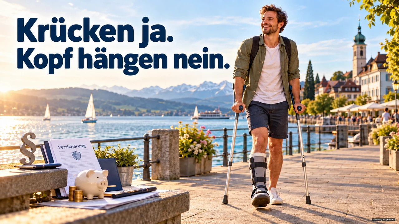 KI-Symbolbild: lächelnder Mann mit Krücken und Beinschiene; eine symbolische Versicherungspolice steht vor der Bodenseekulisse.