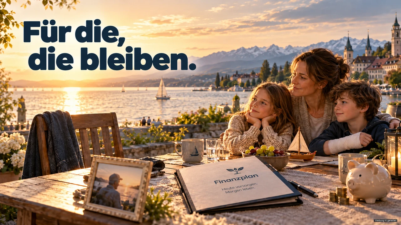 KI-Symbolbild: Mutter mit zwei Kindern an einem Tisch am Bodensee; ein freier Stuhl und Finanzunterlagen symbolisieren Hinterbliebenenvorsorge.