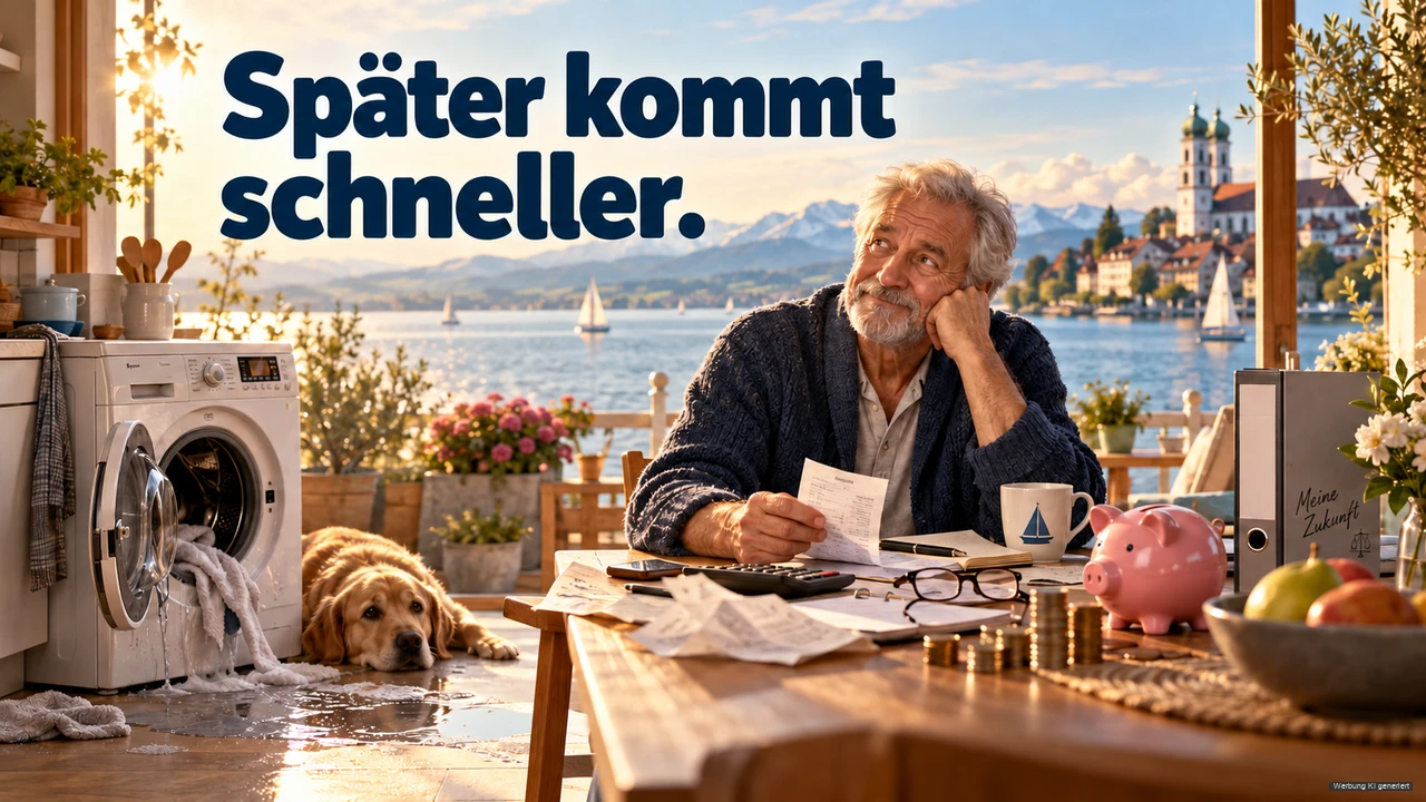 KI-Symbolbild: Älterer Mann prüft Rechnungen neben einer ausgelaufenen Waschmaschine mit Bodenseeblick.