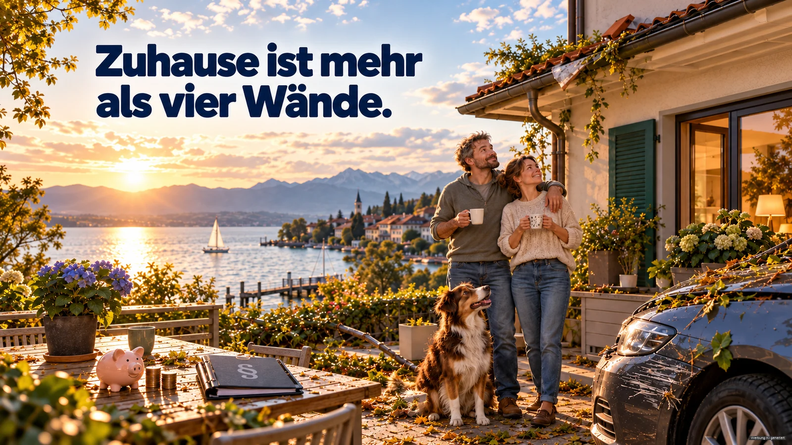 KI-Symbolbild: Paar und Hund betrachten Sturmschäden an Haus und Auto mit dem Bodensee im Hintergrund.