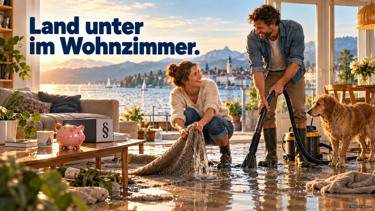 KI-Symbolbild: Paar beseitigt Wasser auf dem Wohnzimmerboden; hinter dem Fenster liegt der Bodensee.
