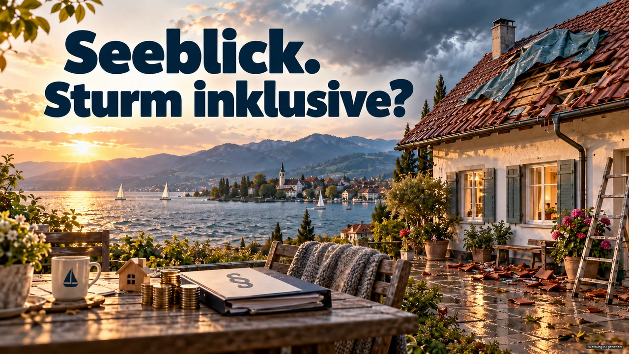 KI-Symbolbild: Sturmbeschädigtes Hausdach und nasse Terrasse mit Blick über den Bodensee.