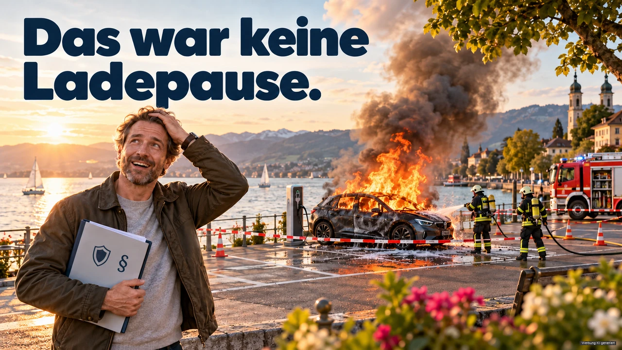 KI-Symbolbild: Fahrer steht außerhalb einer Absperrung, während Feuerwehrleute ein brennendes Elektroauto am Bodensee löschen.