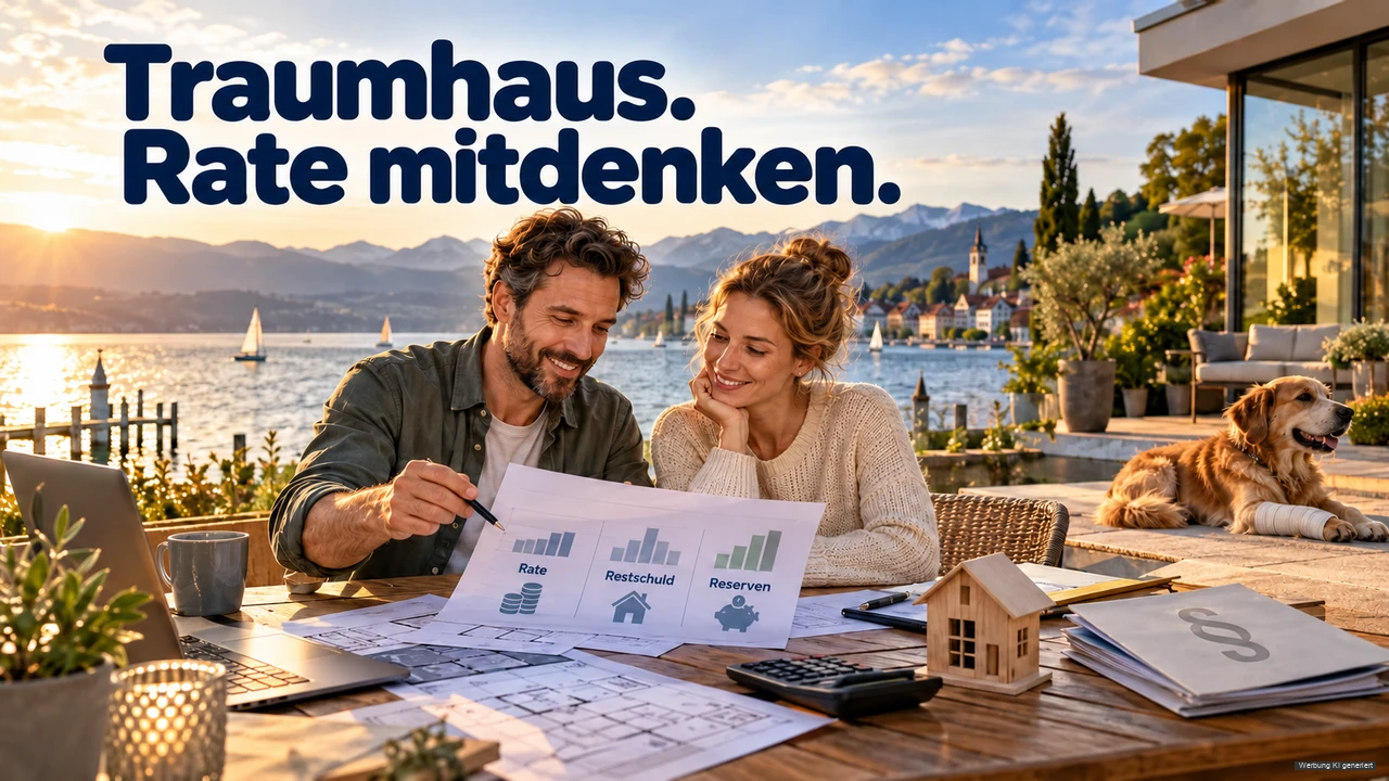 KI-Symbolbild: Paar bespricht Finanzierungsunterlagen neben einem Hausmodell am Bodensee.