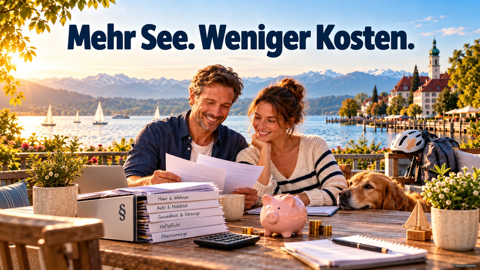 KI-Symbolbild: Paar ordnet Rechnungen und Vertragsmappen neben einem Sparschwein am Bodensee.