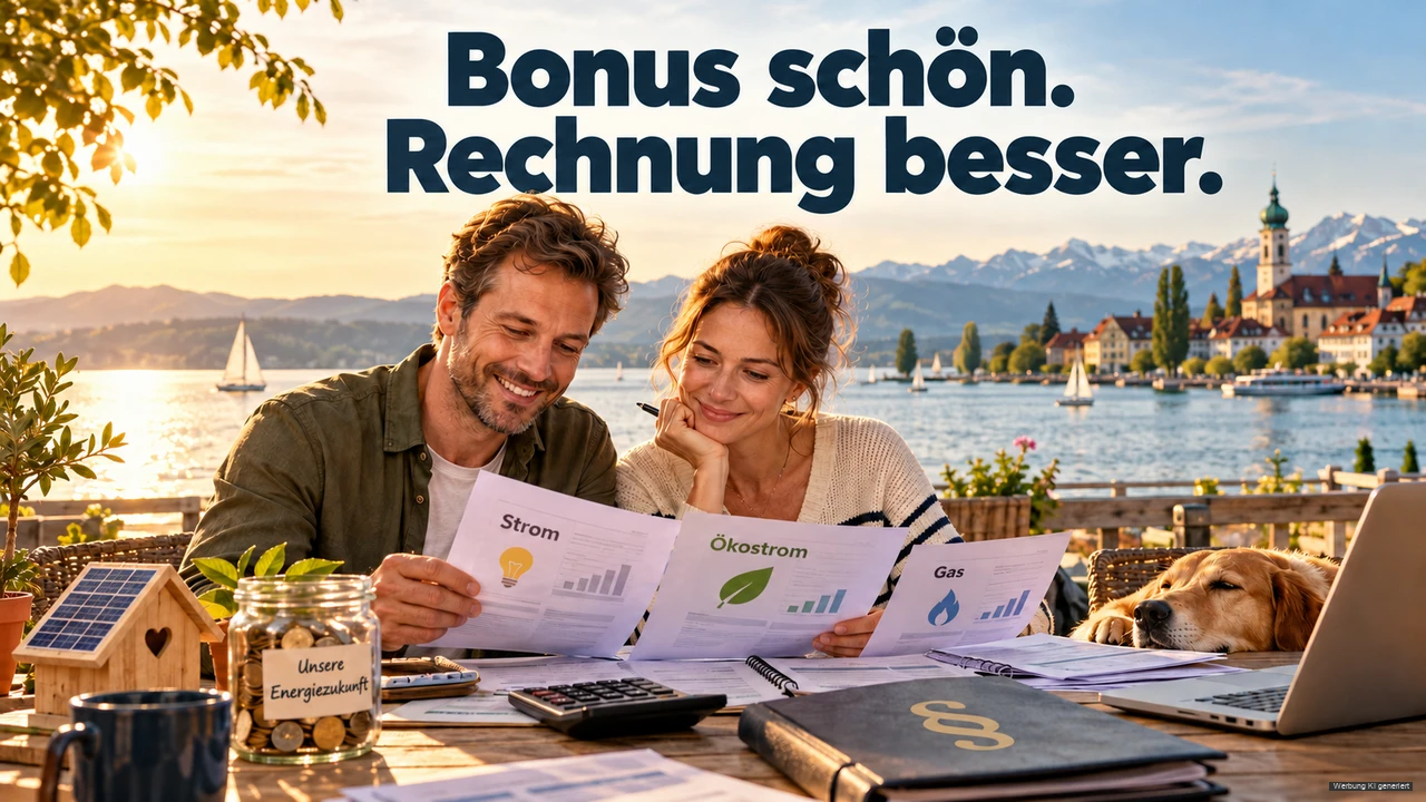 KI-Symbolbild: Paar vergleicht Strom-, Ökostrom- und Gasunterlagen mit Sparsymbolen vor dem Bodensee.