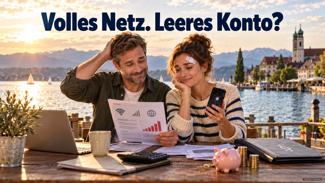 KI-Symbolbild: Paar betrachtet eine Telekommunikationsrechnung und ein Smartphone an einer Bodenseepromenade.