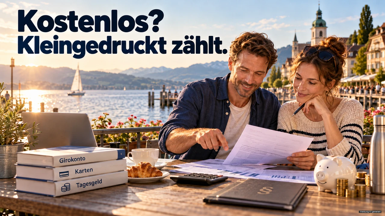 KI-Symbolbild: Paar prüft Bankunterlagen neben Ordnern für Girokonto, Karten und Tagesgeld am Bodensee.