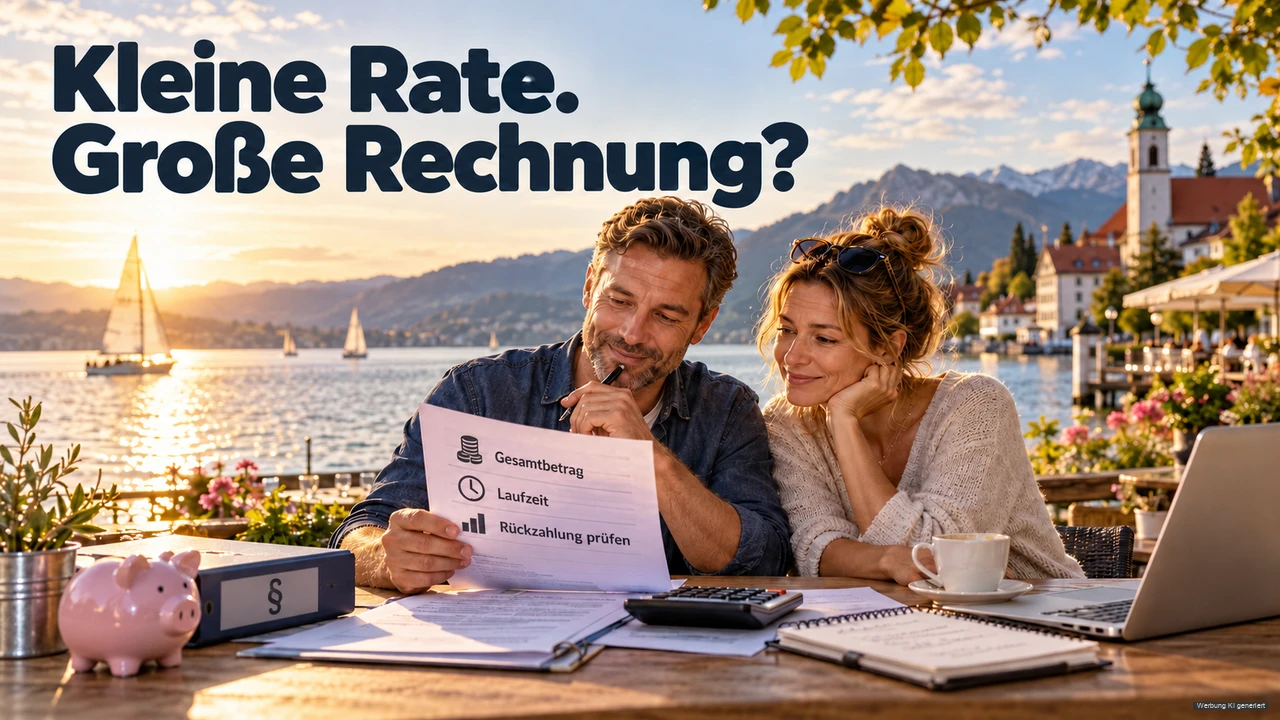 KI-Symbolbild: Paar prüft Kreditunterlagen zu Gesamtbetrag und Laufzeit vor einer Bodenseekulisse.