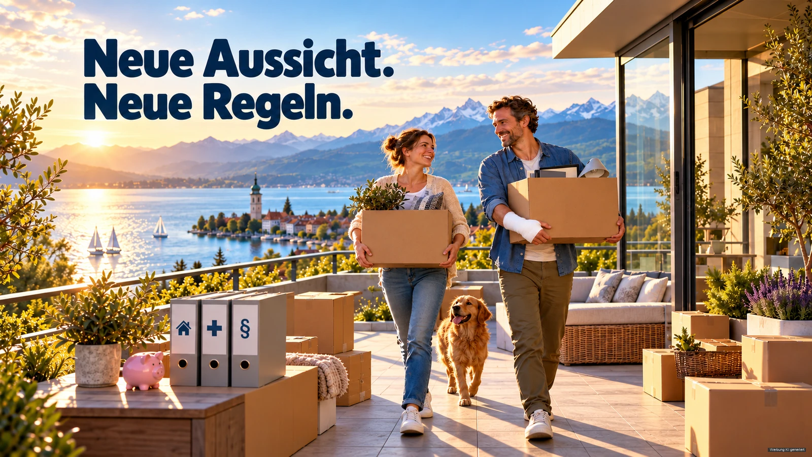 KI-Symbolbild: Paar mit Umzugskartons und Hund vor einem Haus mit Bodenseeblick.