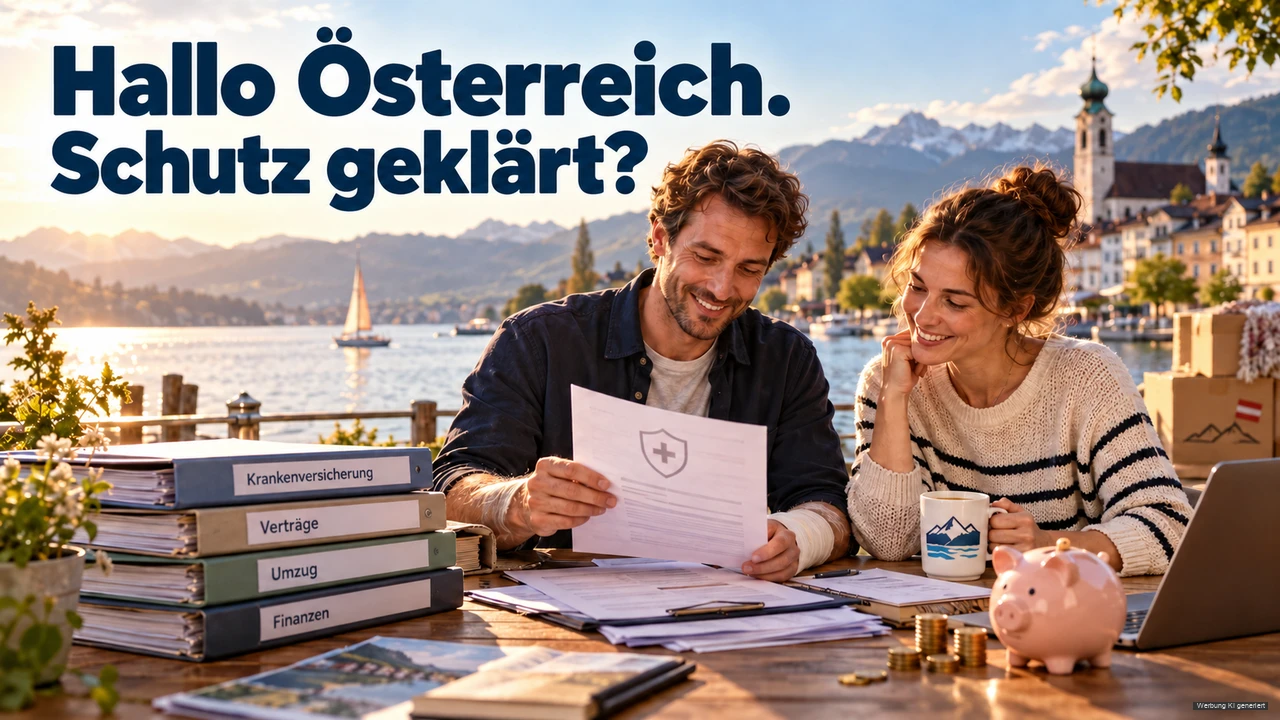 KI-Symbolbild: Paar prüft Versicherungsunterlagen für Österreich an einem Tisch am Bodensee.