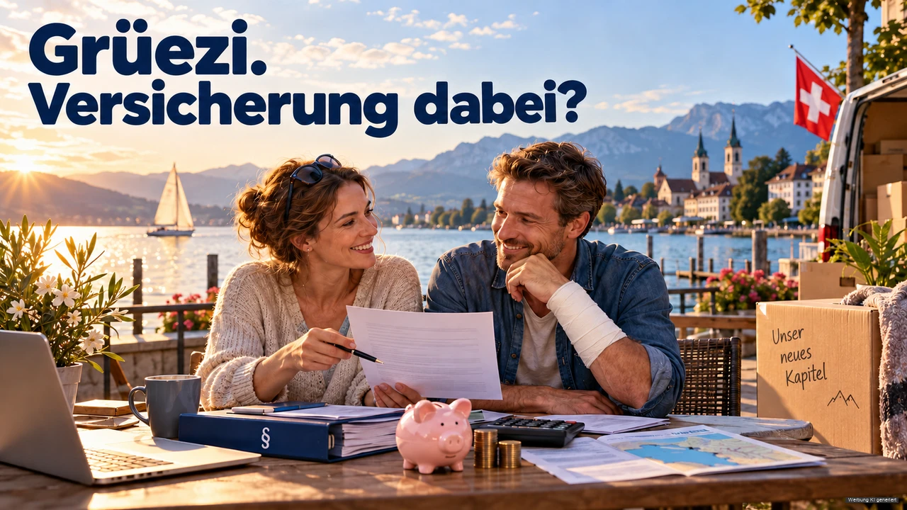 KI-Symbolbild: Paar bespricht den Umzug in die Schweiz neben Kartons und einer Schweizer Flagge am Bodensee.