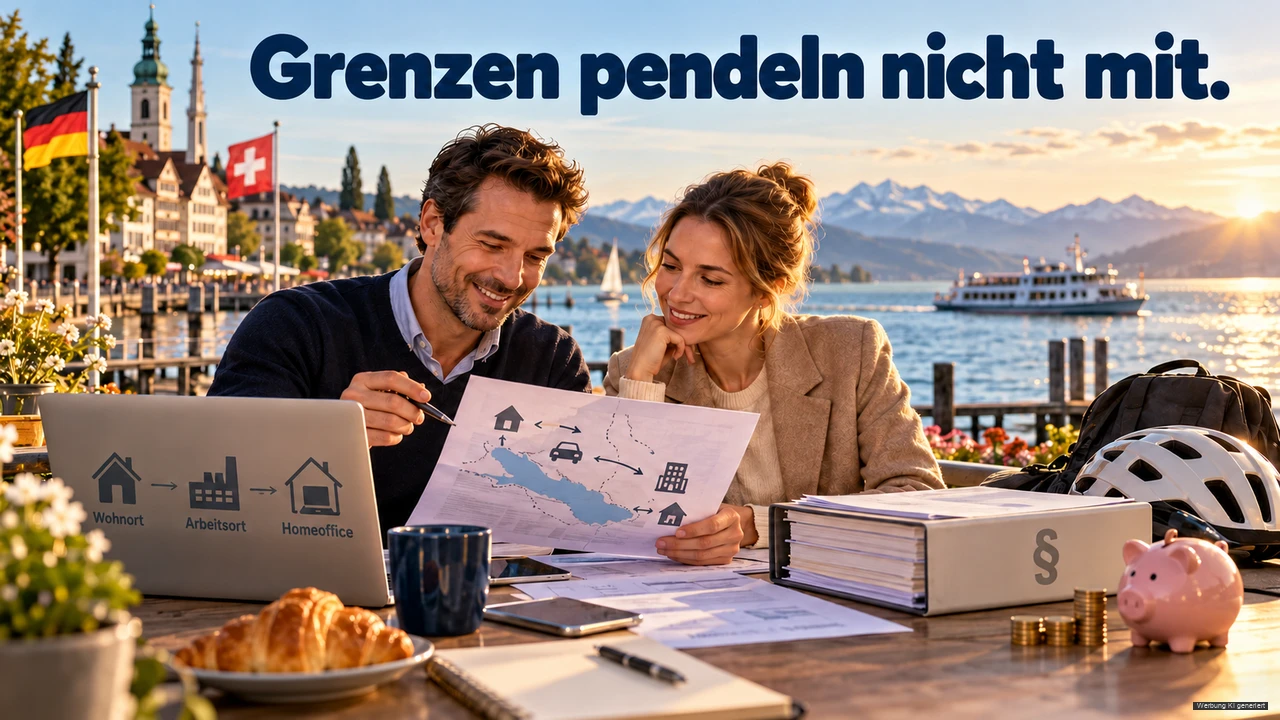 KI-Symbolbild: Paar prüft eine Darstellung zu Wohnort und Arbeitsort; deutsche und Schweizer Flaggen stehen vor der Bodenseekulisse.