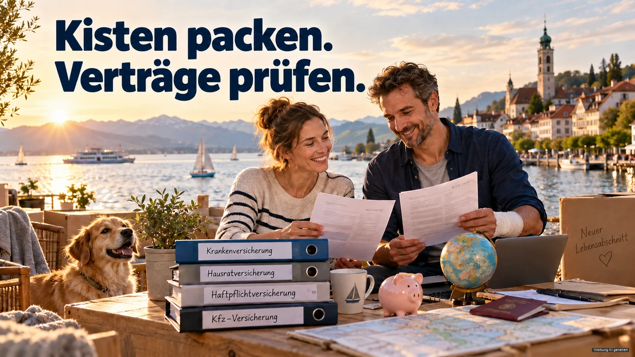 KI-Symbolbild: Paar ordnet Vertragsmappen zwischen Umzugskartons an einer Bodenseepromenade.