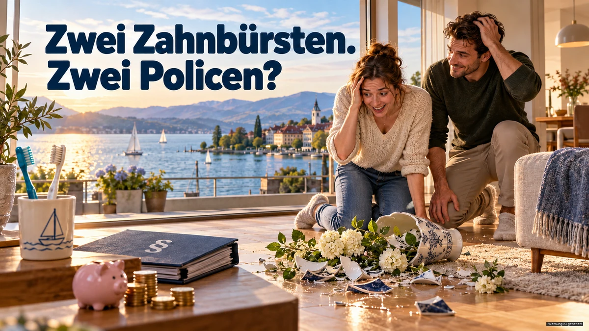 KI-Symbolbild: Paar betrachtet eine zerbrochene Vase im Wohnzimmer mit Bodenseeblick; zwei Zahnbürsten symbolisieren das Zusammenziehen.
