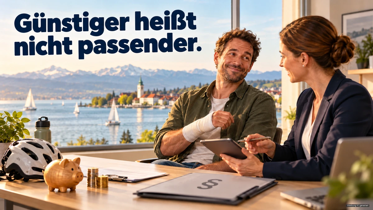 KI-Symbolbild: Mann mit bandagiertem Handgelenk bespricht Versicherungsunterlagen an einem Tisch am Bodensee.