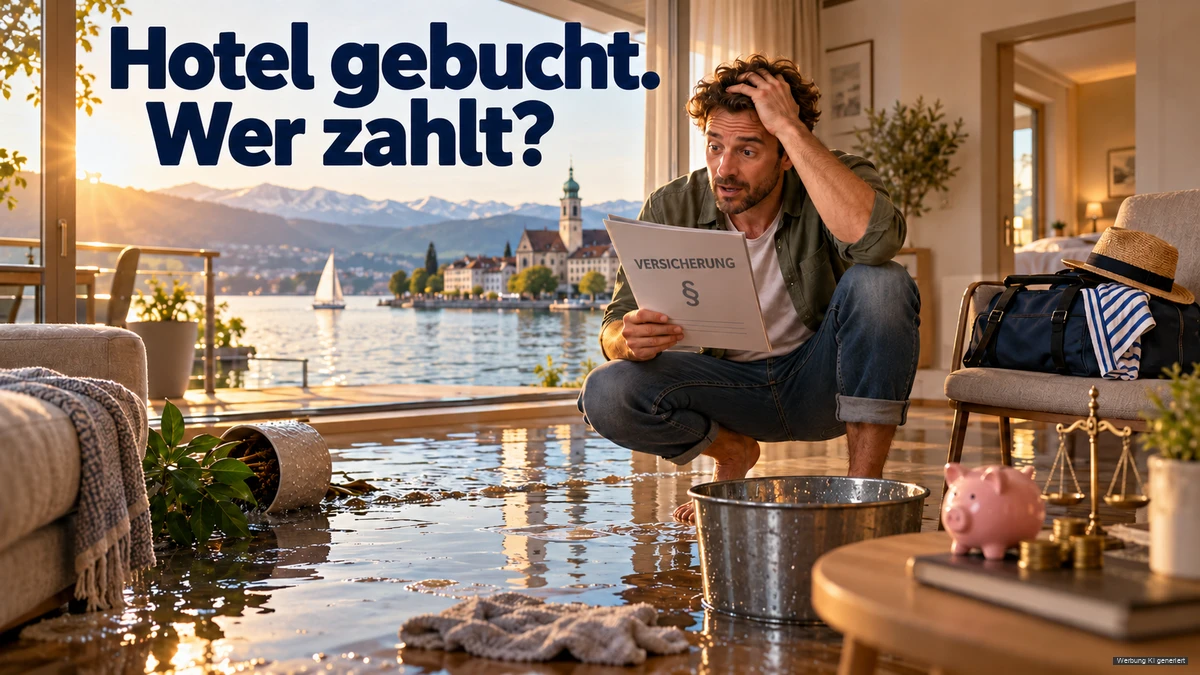 KI-Symbolbild: Mann betrachtet Versicherungsunterlagen im überfluteten Wohnzimmer; eine Reisetasche verweist auf mögliche Hotelkosten.