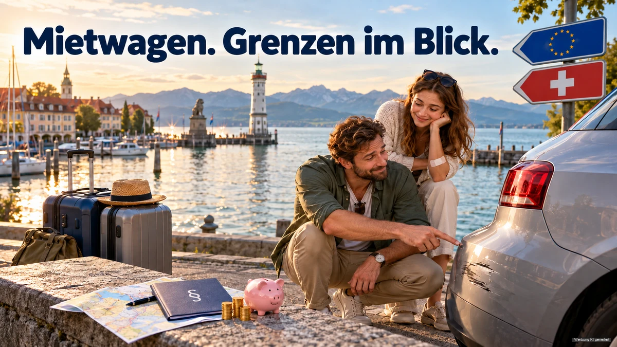 KI-Symbolbild: Paar betrachtet einen Kratzer am Mietwagen; EU- und Schweiz-Wegweiser stehen vor einer Bodenseehafenkulisse.