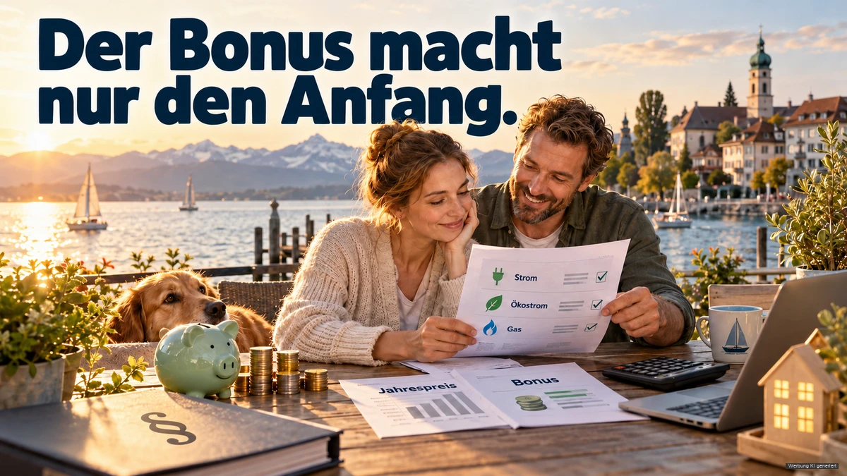 KI-Symbolbild: Paar vergleicht Unterlagen für Strom, Ökostrom und Gas sowie Jahrespreis und Bonus am Bodensee.