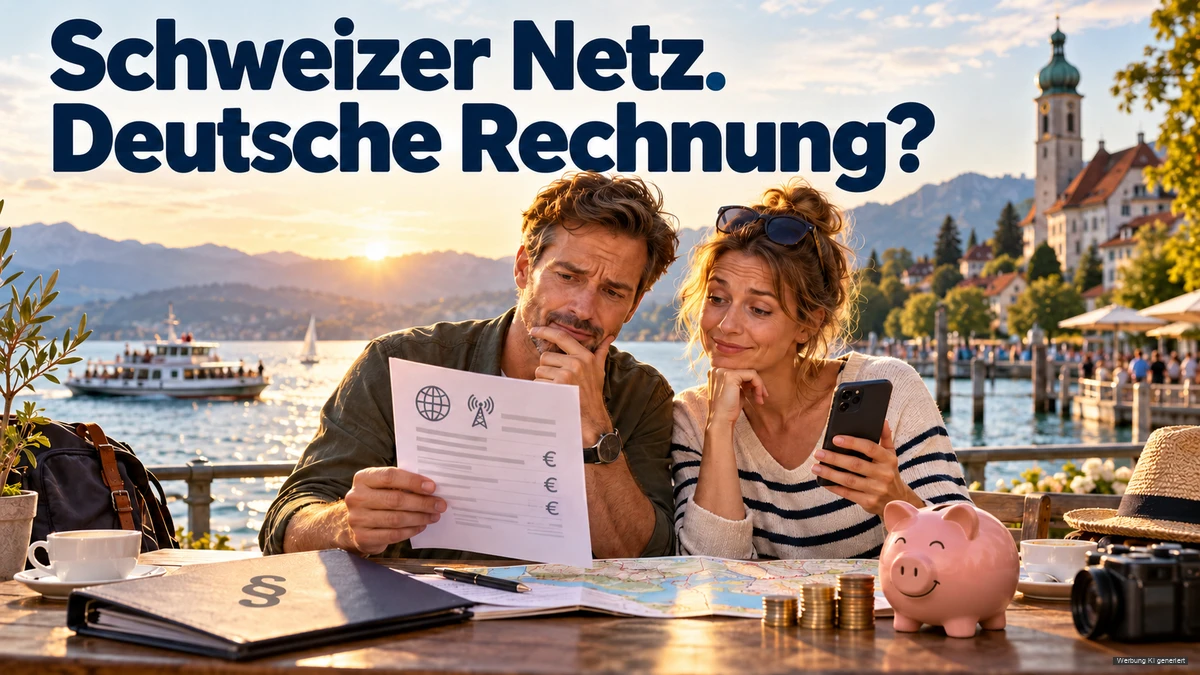 KI-Symbolbild: Paar prüft Smartphone und Rechnung an einer Bodenseepromenade; der Hook thematisiert Schweizer Mobilfunknetze.