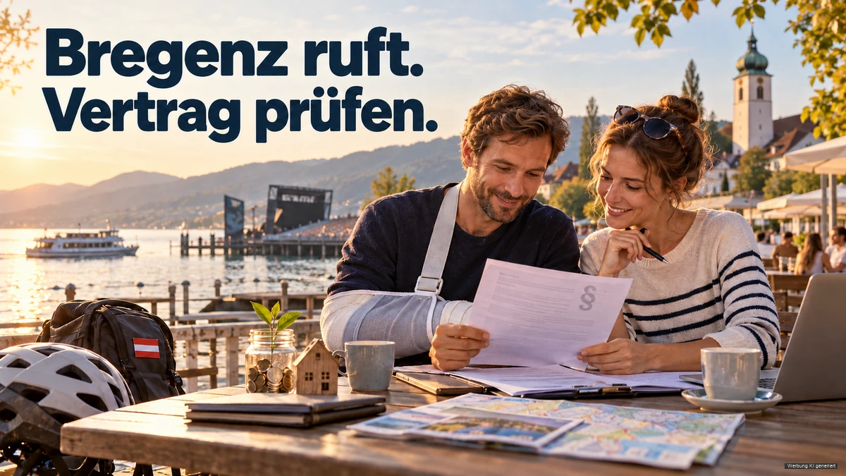 KI-Symbolbild: Paar prüft einen Vertrag neben einem Rucksack mit österreichischer Flagge vor einer symbolischen Bregenzer Seekulisse.